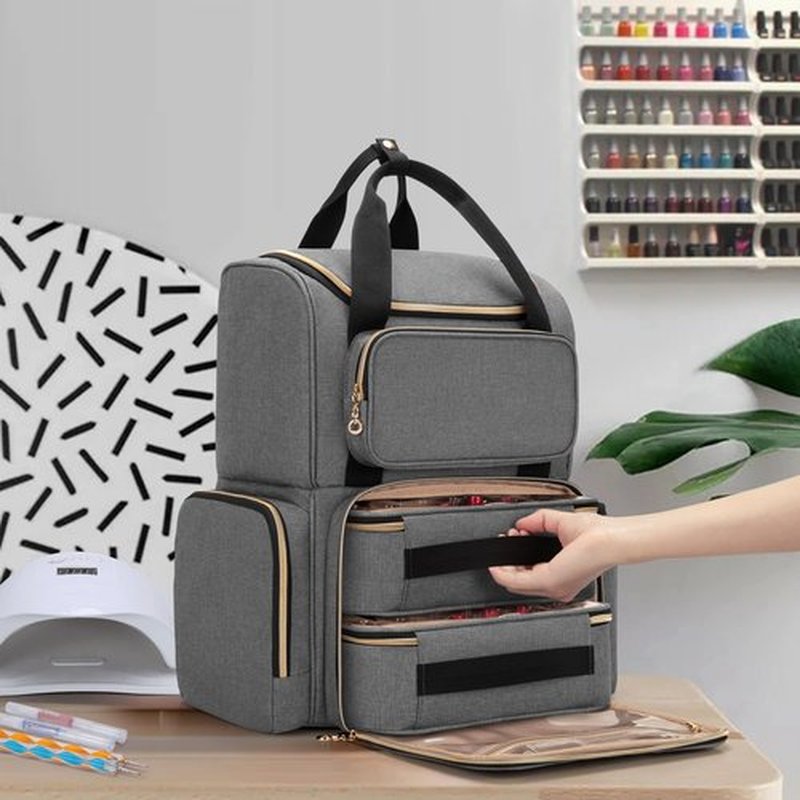 LUXJA Nail Polish Organizer (Backpack Version) Holds 70 Bottles and a Nail Lamp, Travel Nail Polish Bag with 2 Removable Cases and Tools Storage Pockets (Patent Pending), Gray