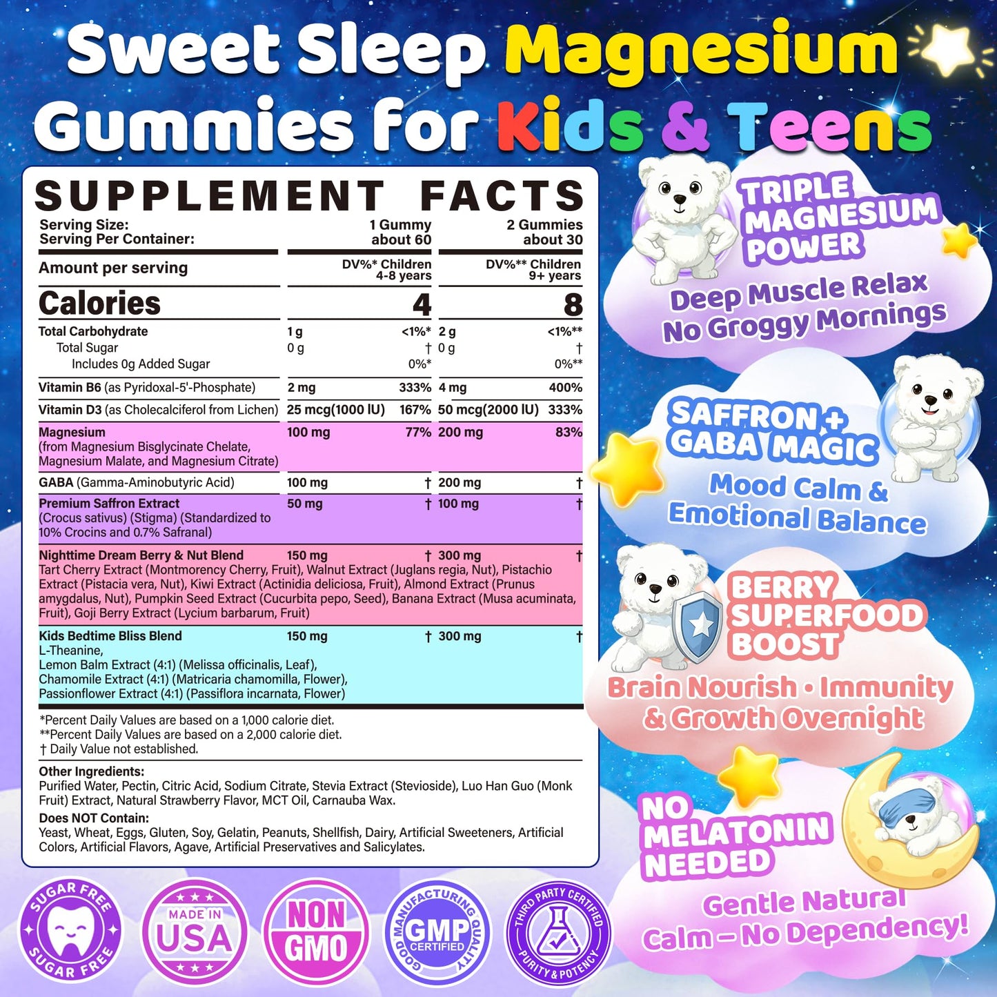 Kids Sleep Gummies NO Melatonin - Magnesium Glycinate Gummies + Saffron, GABA, Berry & Nut Superfood, Sugar Free Nighttime Sleep Aid & Calm for Kids 4+ Teens, Relaxation, Brain & Muscle, 2Pack