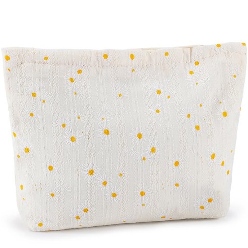 ZLFSRQ Daisy Flower Makeup Bag Travel Cute Floral Cosmetic Bags for Women Large White Makeup Pouch Zipper Cosmetic Pouch for Purse Aesthetic Makeup Organizer Bag Portable Toiletry Bag