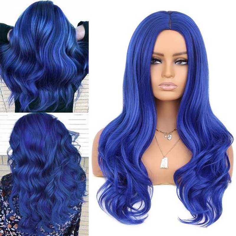 Fancy Hair Long Blue Wavy Wigs for Women Curly Middle Part Blue Wig Natural Looking Synthetic Heat Resistant Fiber Wigs Hair for Daily Party Use (Dark Blue)