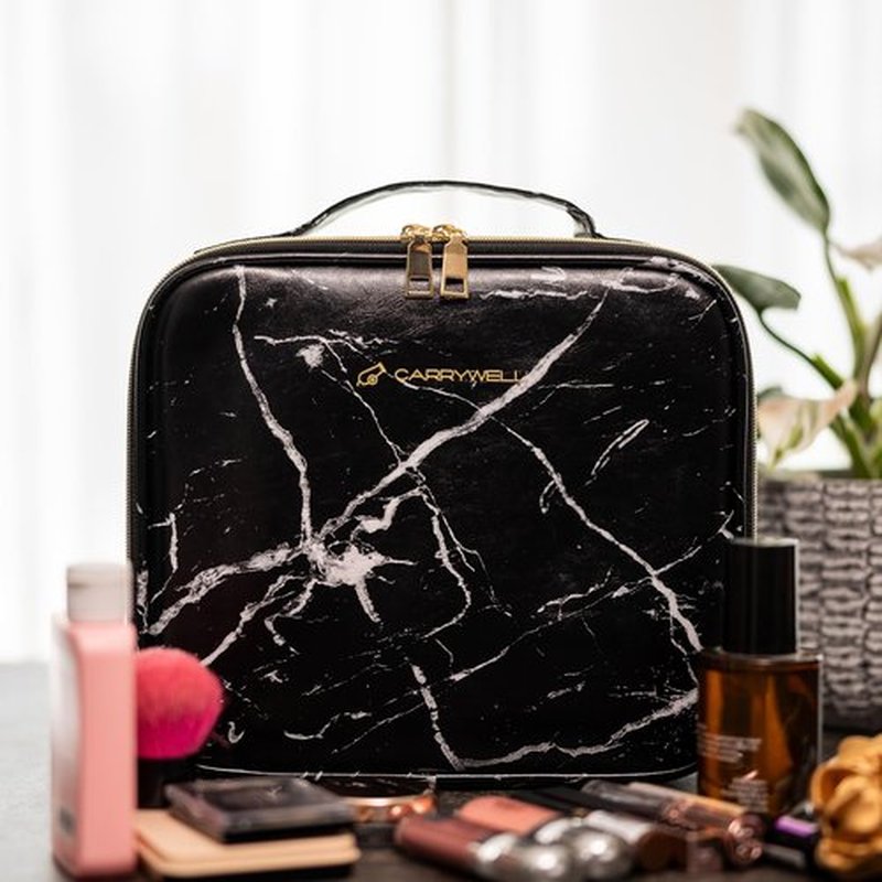 (Not Made In China) Travel Makeup Train Case, Cosmetic Storage Organizer For Professional Beauty Artist, Portable Kit Bag W/Adjustable Dividers For Jewelry, Nail Polish and Brushes (1, Marble, Small)