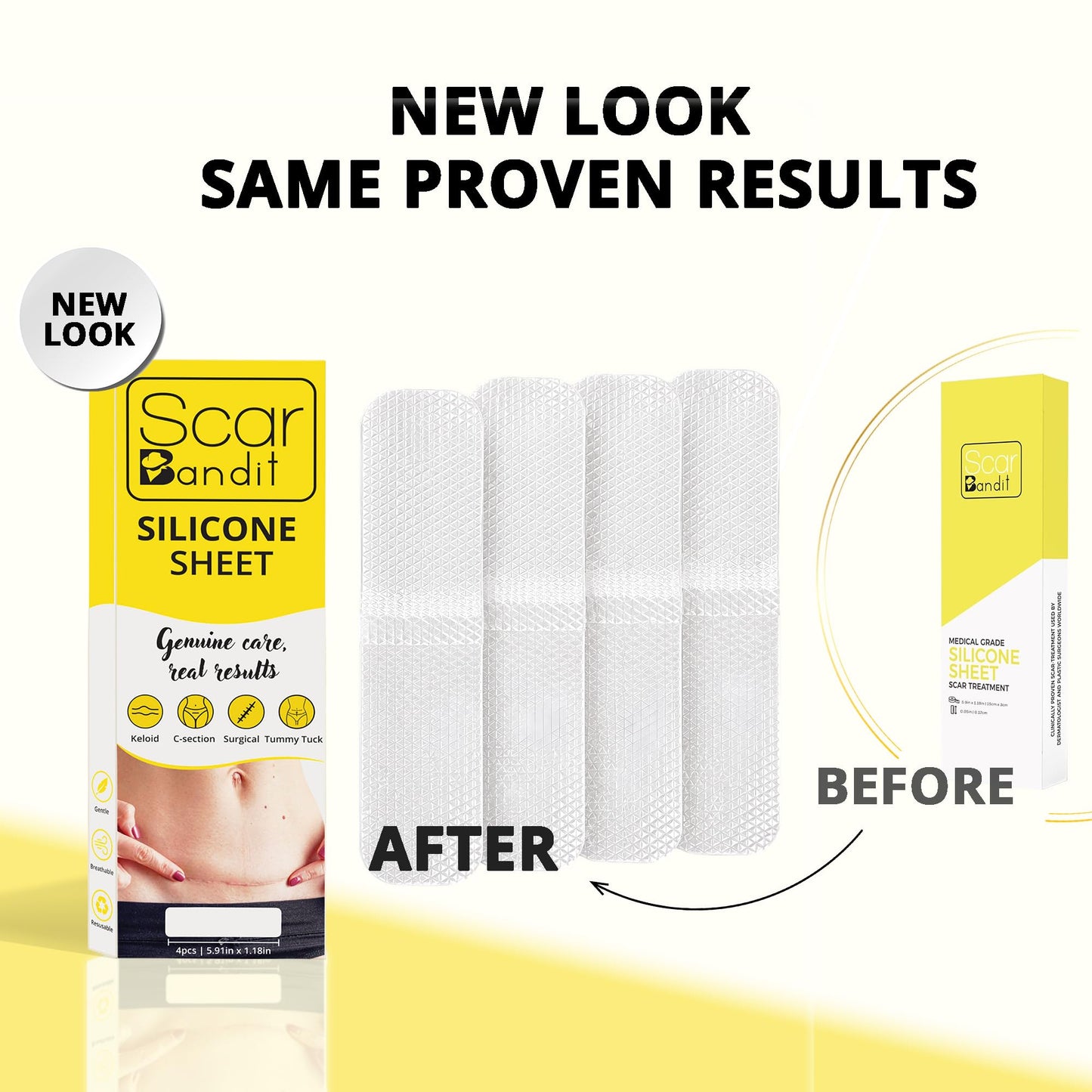 Scar Bandit Silicone Scar Sheets for C-Section & Surgical Scars – Silicone Scar Tape for C-Section Recovery After Birth, Tummy Tuck & Surgery – Flexible Scar Sheets for Keloid & Scar Care - 4 pcs
