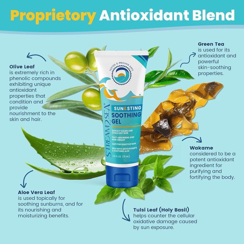 Sun & Sting Soothing Gel - After-Sun Care for Sunburn, Insect Bites & Jellyfish Stings | Antioxidant Blend with Aloe & Green Tea, 2.5 Fl Oz