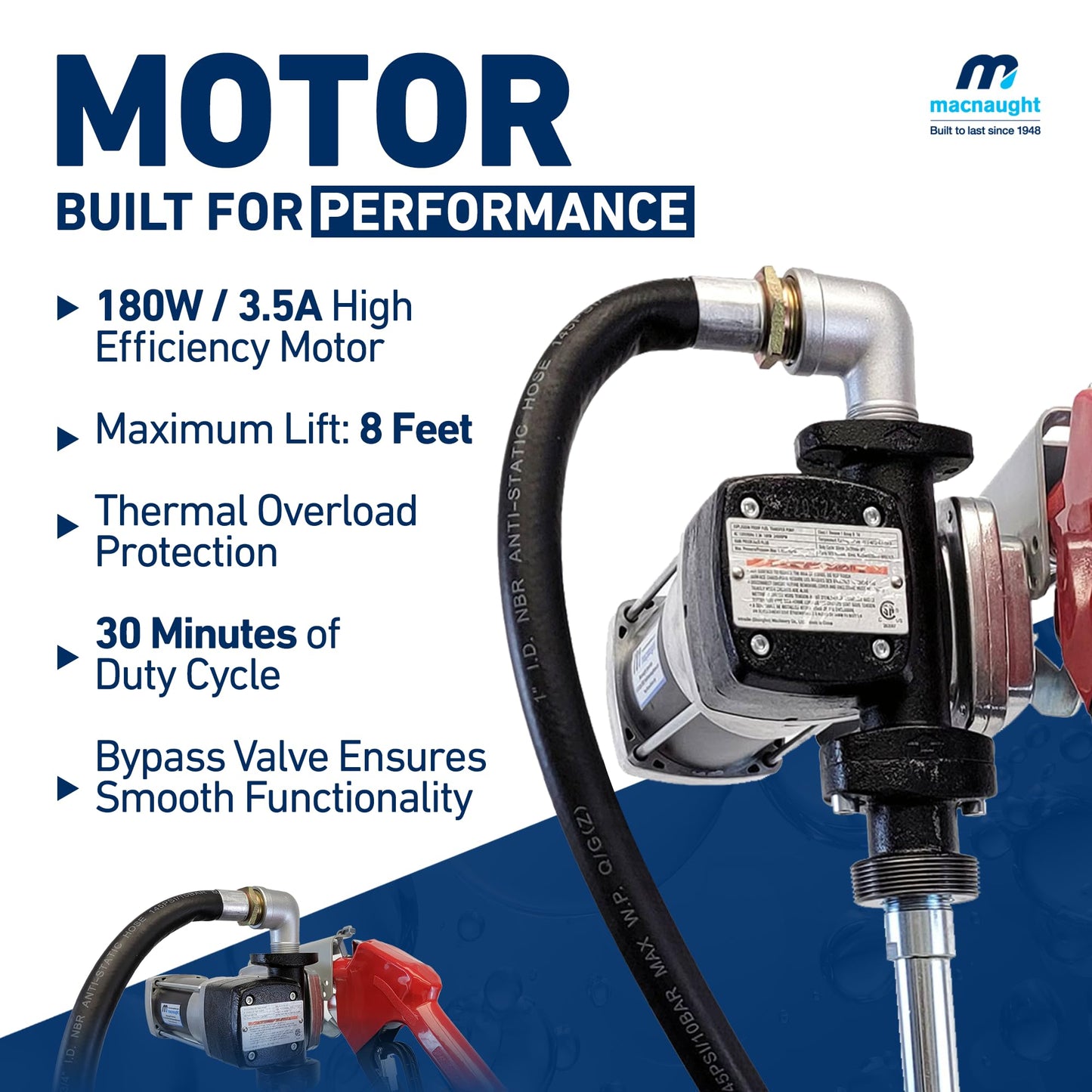 Macnaught Fuel Transfer Pump M3 120V, 15 GPM 3/4" High Flow Fuel Pump, Auto Shut-Off, Nozzle, Discharge Hose, Expandable to 36" Length, CSA Certified for Gasoline, Diesel, Kerosene, Mineral Spirits
