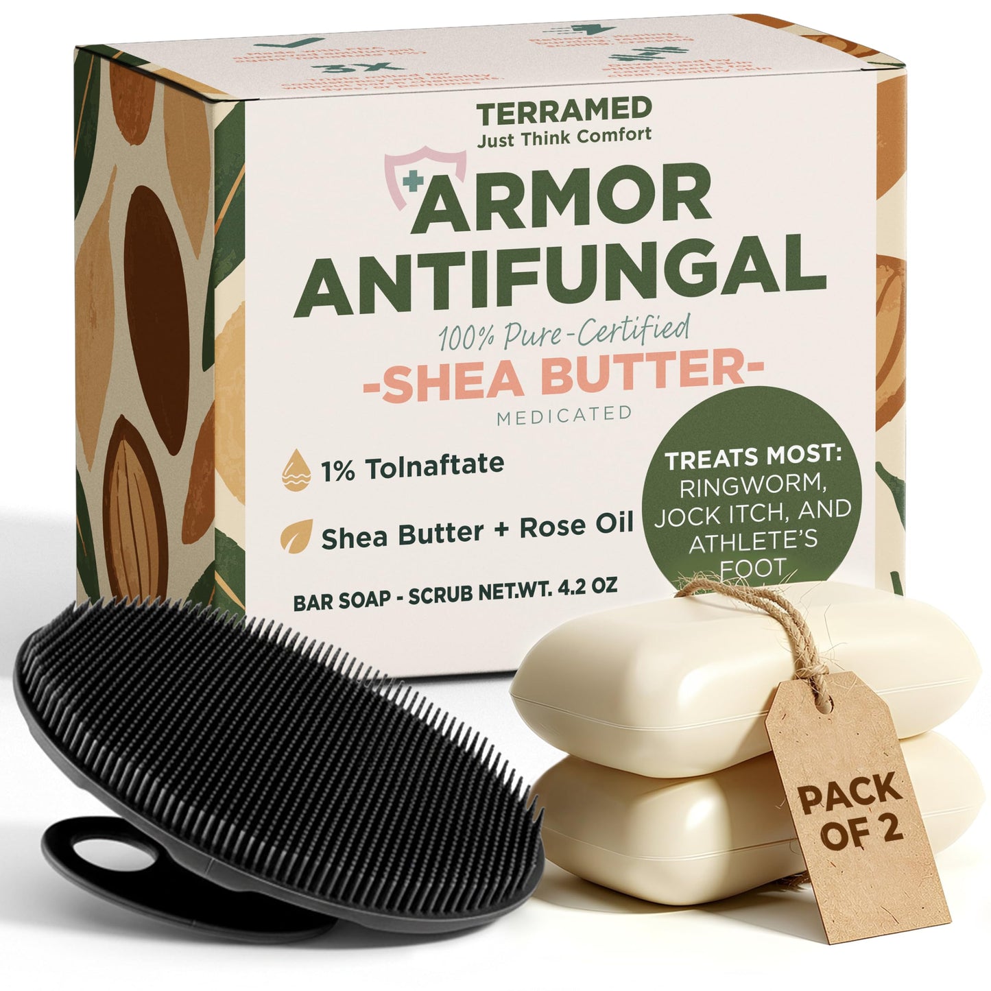 Antifungal Soap Infused with Shea Butter & Rose Oil | Medicated Jock Itch Treatment Helps Fight Ringworm & Athlete’s Foot | Tolnaftate 1% Antifungal Soap for Deep Cleansing | 2 Bars with Scrubber