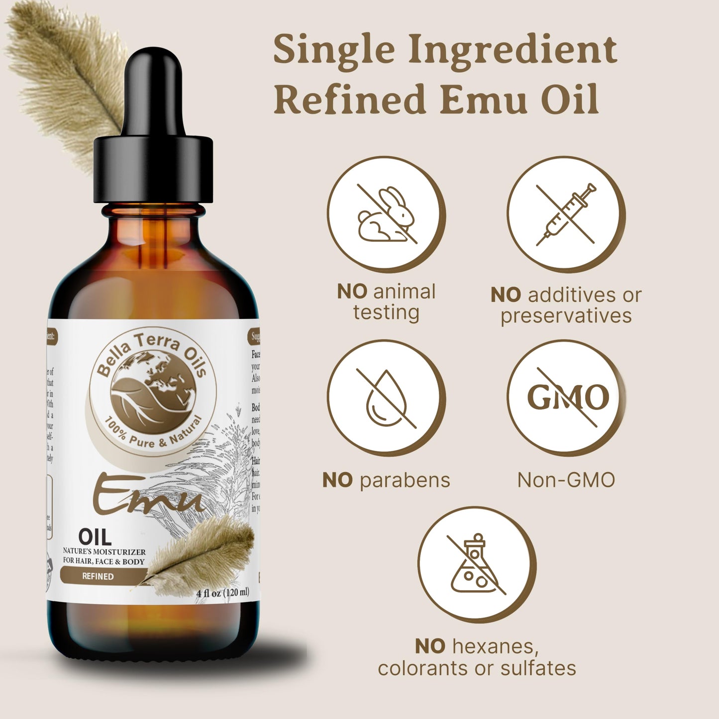 Bella Terra Oils Pure Emu Oil – Rapid Absorption, Rich in Fatty Acids, Deeply Moisturizing, Enhances Skin Elasticity, Cruelty-Free