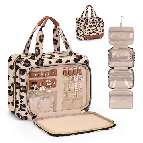 Wedama Toiletry Bag for Women, Hanging Travel Toiletry Bag with Jewelry Organizer Compartment Large Makeup Bag, PVC Waterproof Cosmetic Travel Bag Trips Camping Bathroom, Leopard Print