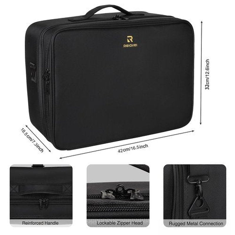 Relavel Large Makeup Organizer Profession Makeup Bag Extra Large Makeup Case with Adjustable Dividers, Adjustable Angle Fixed Belt and Shoulder Strap