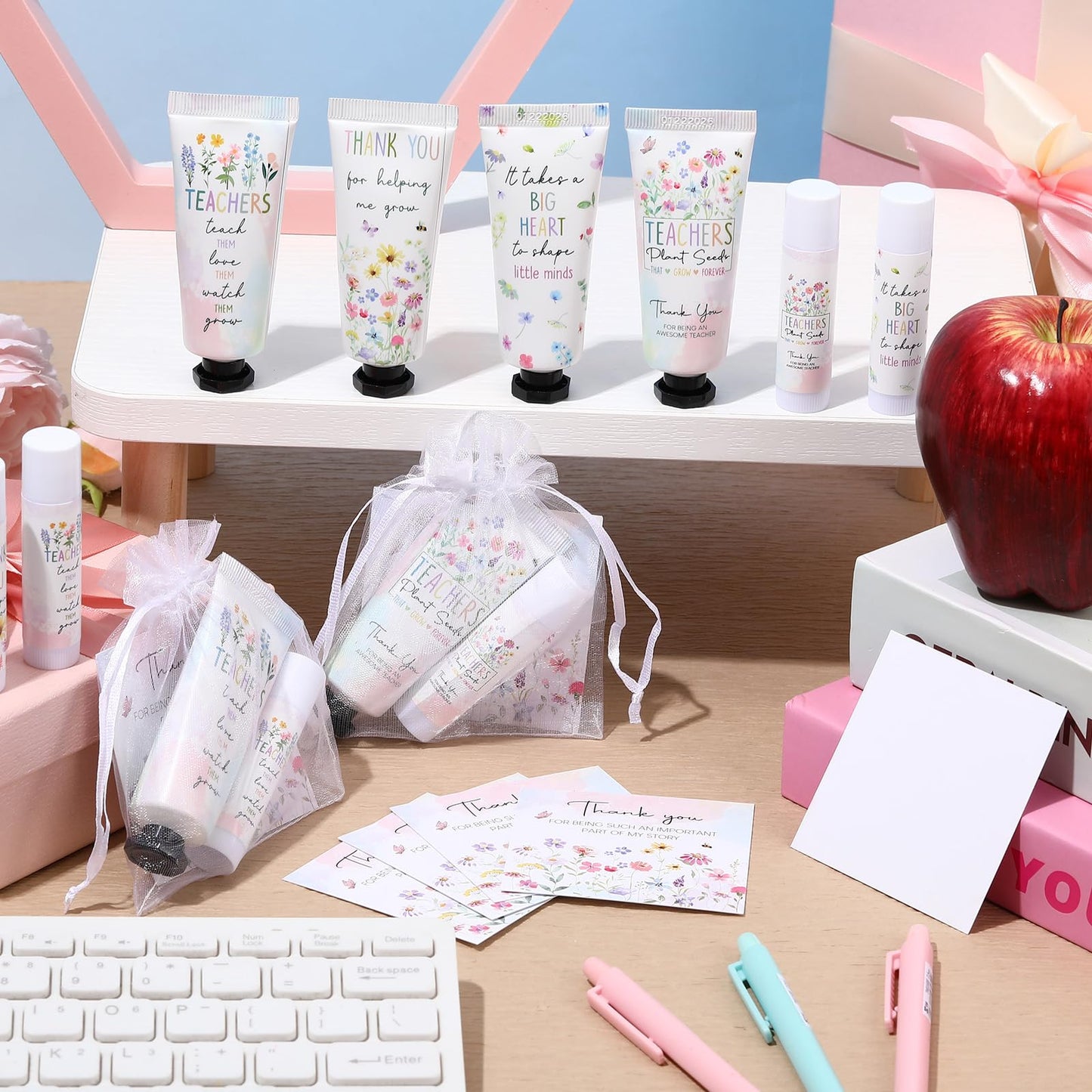 Heigble 12 Sets Wildflower Teacher Appreciation Gifts Include Hand Cream Lip Balm Bulk Organza Bags Thank You Cards, Thank You Teacher Graduation Watercolor Flowers Theme Gifts Party Favors for Women