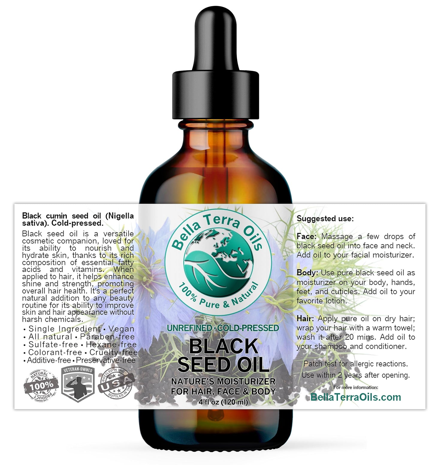 Bella Terra Oils - Black Seed Oil 4 oz - Harness the Power of Nigella Sativa, Abundant in Thymoquinone & Essential Fatty Acids, A Luxurious Addition to Your Beauty Routine