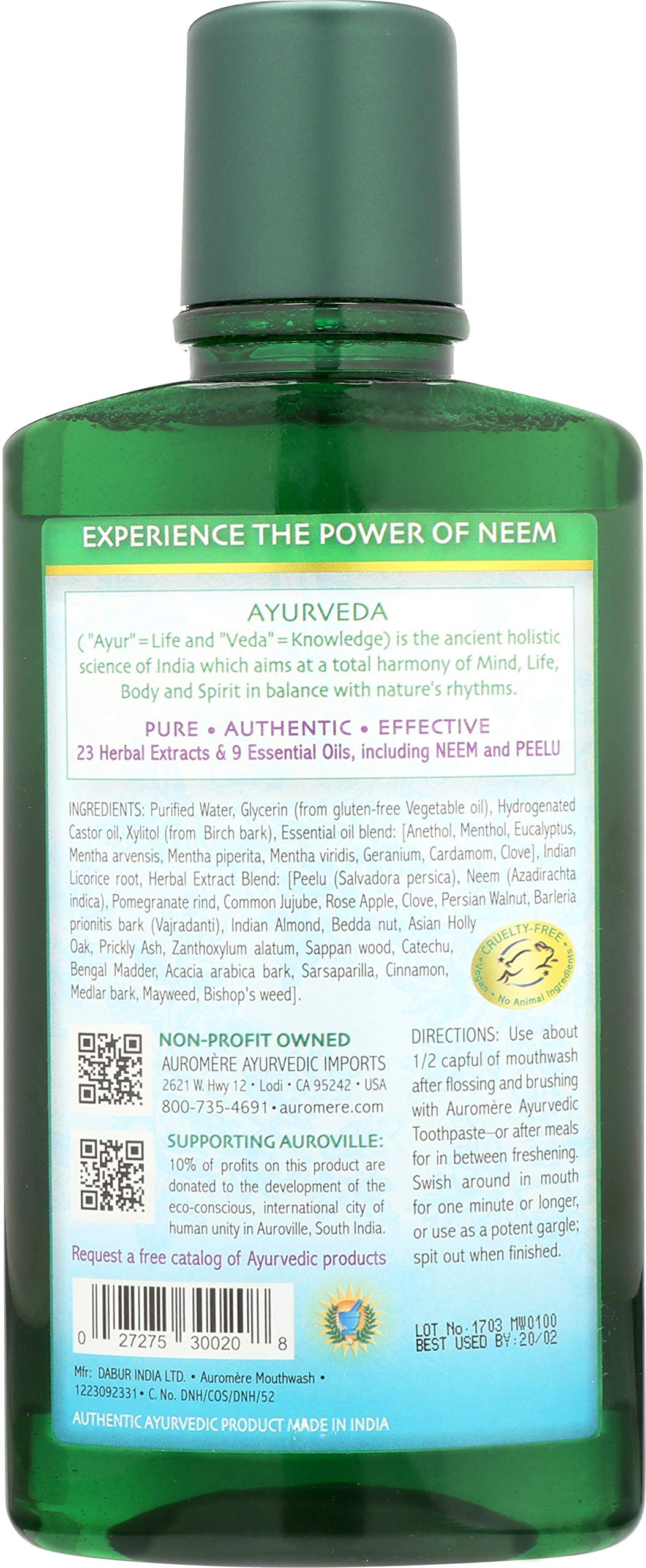 Auromere Ayurvedic Natural Mouthwash for Adults & Kids - Alcohol Free Mouthwash for Bad Breath, Fluoride Free, Neem Oral Rinse, Support for Teeth, Gums & Fresh Breath, Vegan, Non-GMO- 16 Fl Oz, 2 Pack