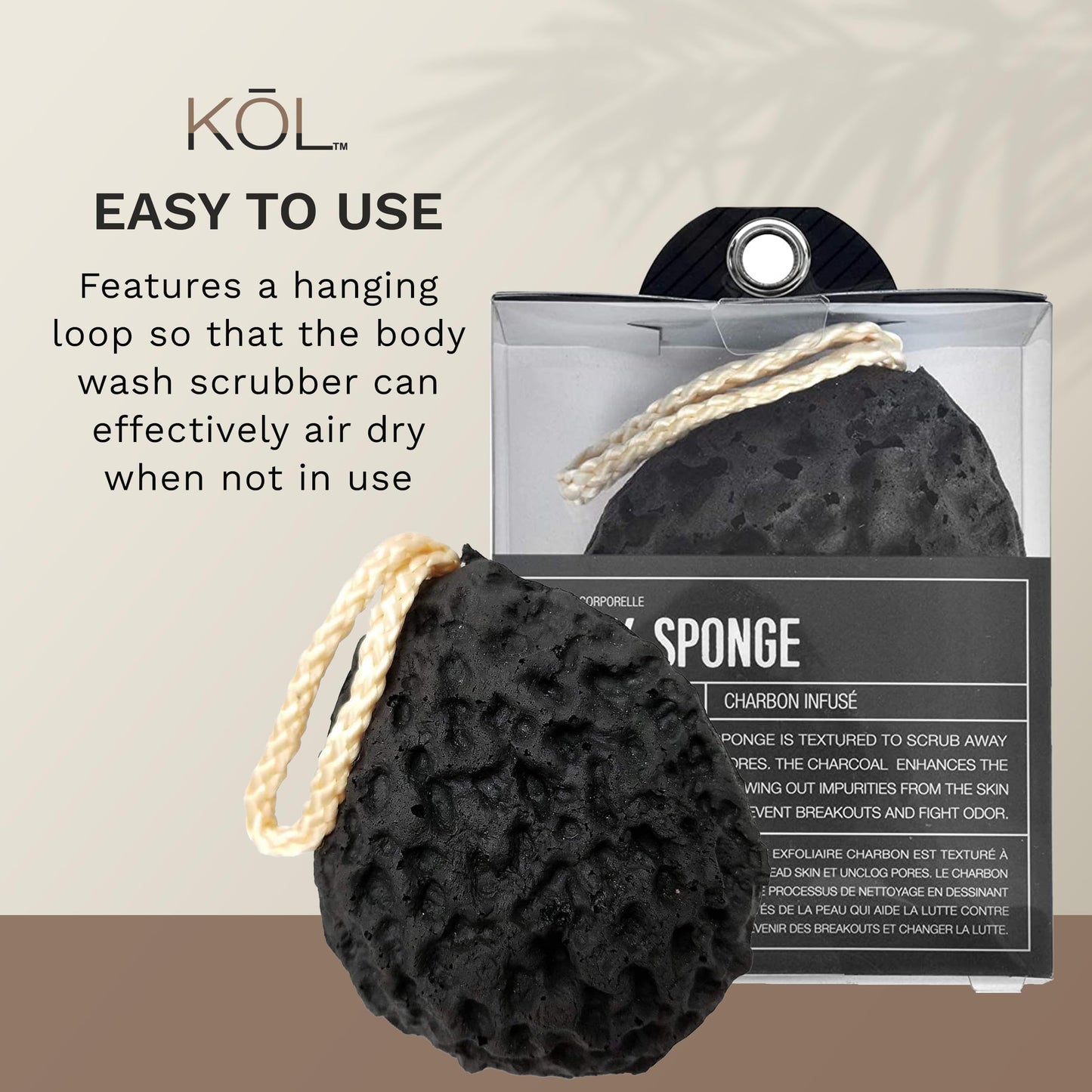 KOL Loofah, Bamboo Charcoal Infused Shower Body Sponge for Men and Women, Exfoliating Bath Scrubber, Black