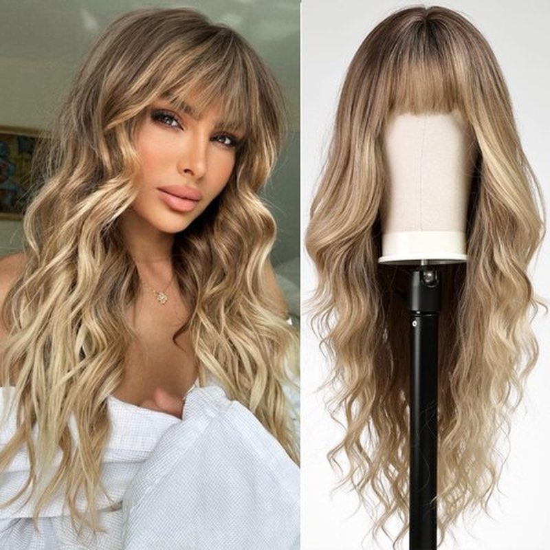 KOME Ombre Blonde Wigs with Bangs,Blonde Highlight Long Wavy Wig for Women,Long Curly Synthetic Hair Wig for Party Cosplay Daily Use 24IN