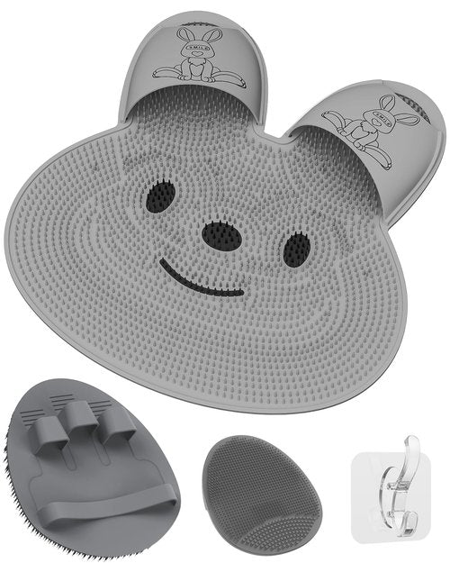 Manmihealth Extra-Large Shower Foot Scrubber Mat & Soft Shower Brush Face Scrubber Set (3 PCS), Rabbit-Shaped Silicone Foot Scrubber in Shower & Body Facial Cleansing Brush Set (Gray)