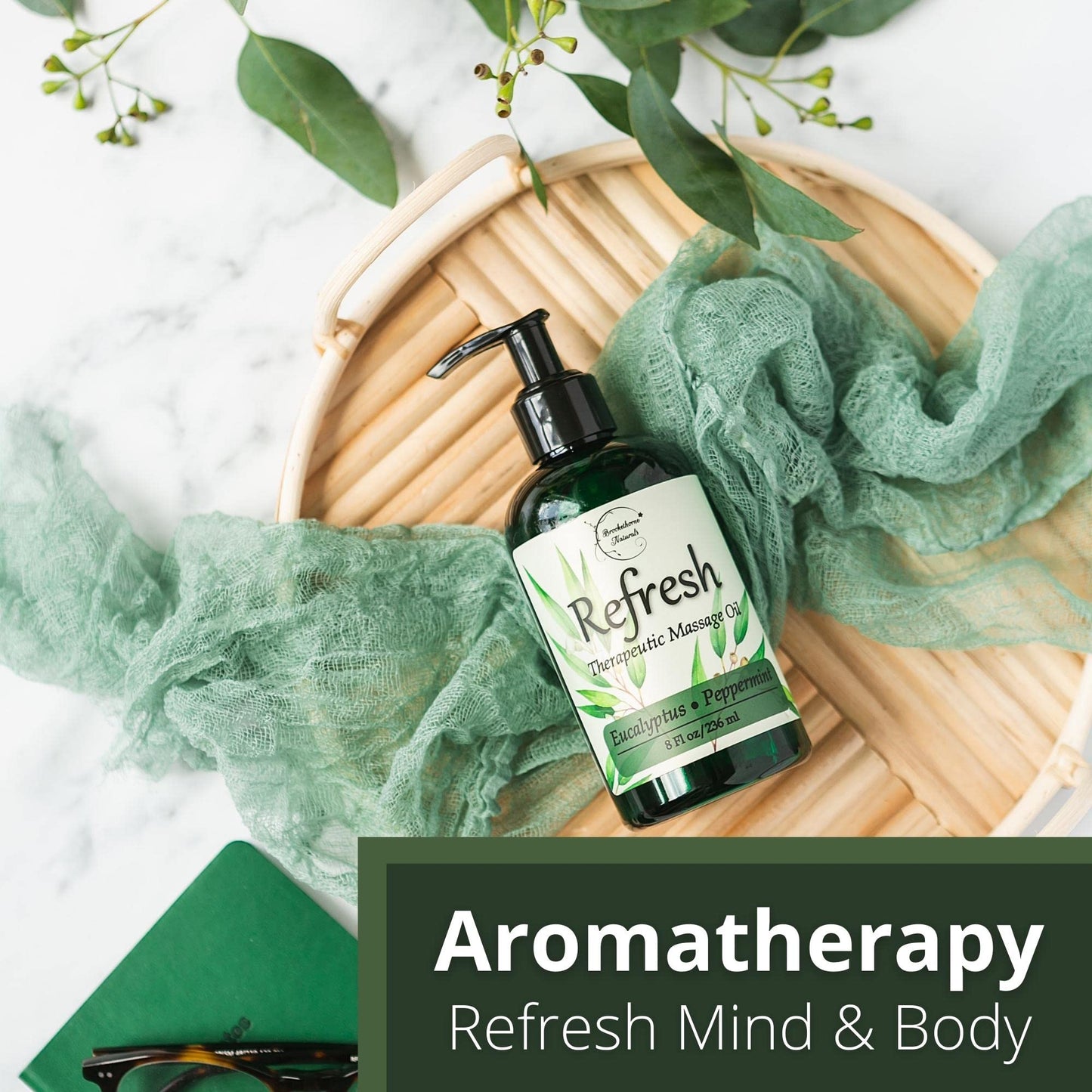 Refresh Massage Oil for Massage Therapy with Eucalyptus & Peppermint Essential Oils - All Natural - Ideal for Full Body Relaxation – Nut Free Formula 8oz