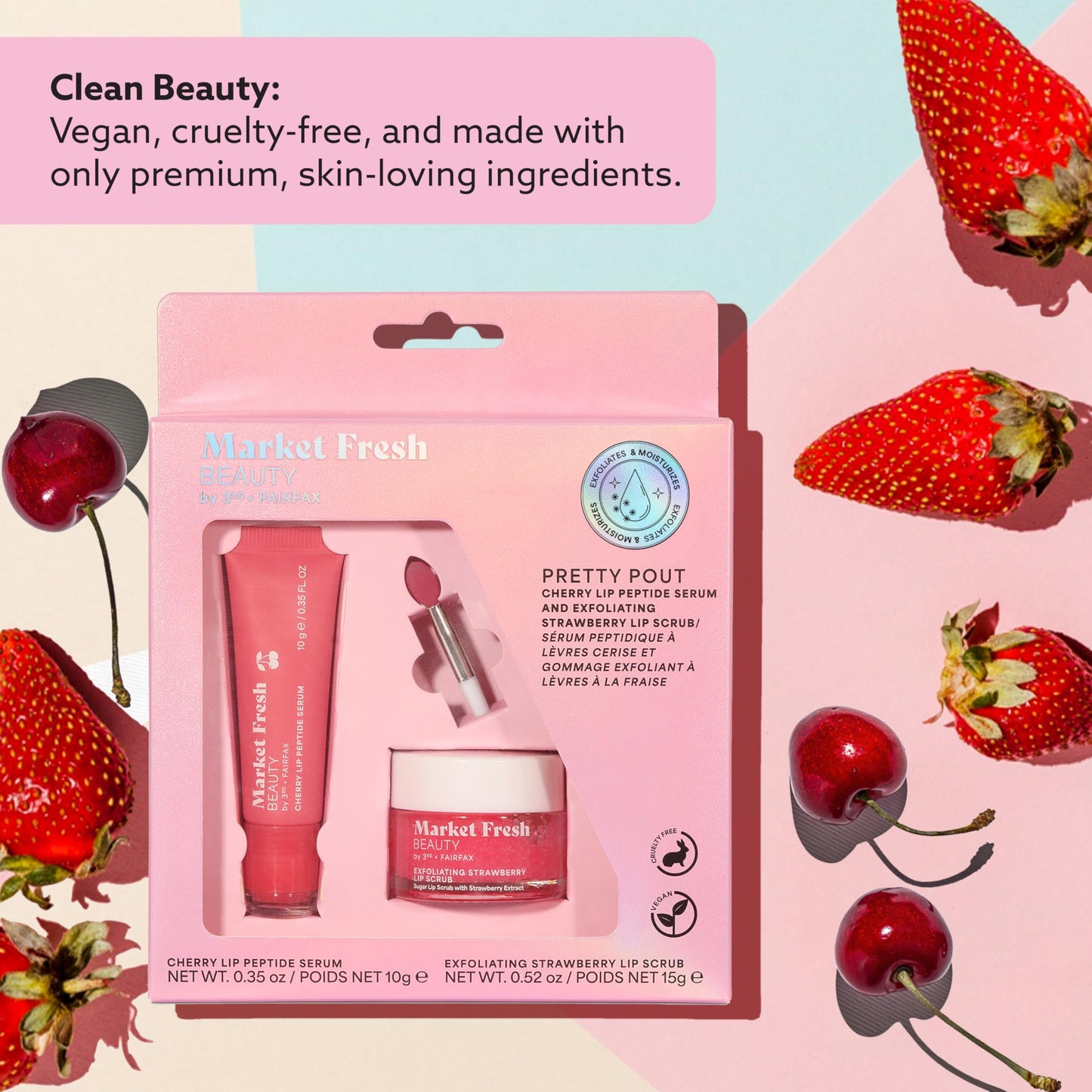 Market Fresh Beauty Lip Peptide Treatment - with Exfoliating Strawberry Scrub and Cherry Serum - for Hydrating, Plumping, Clean Beauty Lip Care