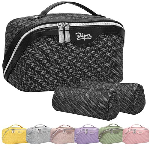 Travel Makeup Bags Cosmetic Organizer Bag: Large Capacity Make up Bag Set of 3 - Vegan Leather Toiletry Bag for Women - Portable Makeup Organizer with Compartments & Handle & Divider (3 Black)