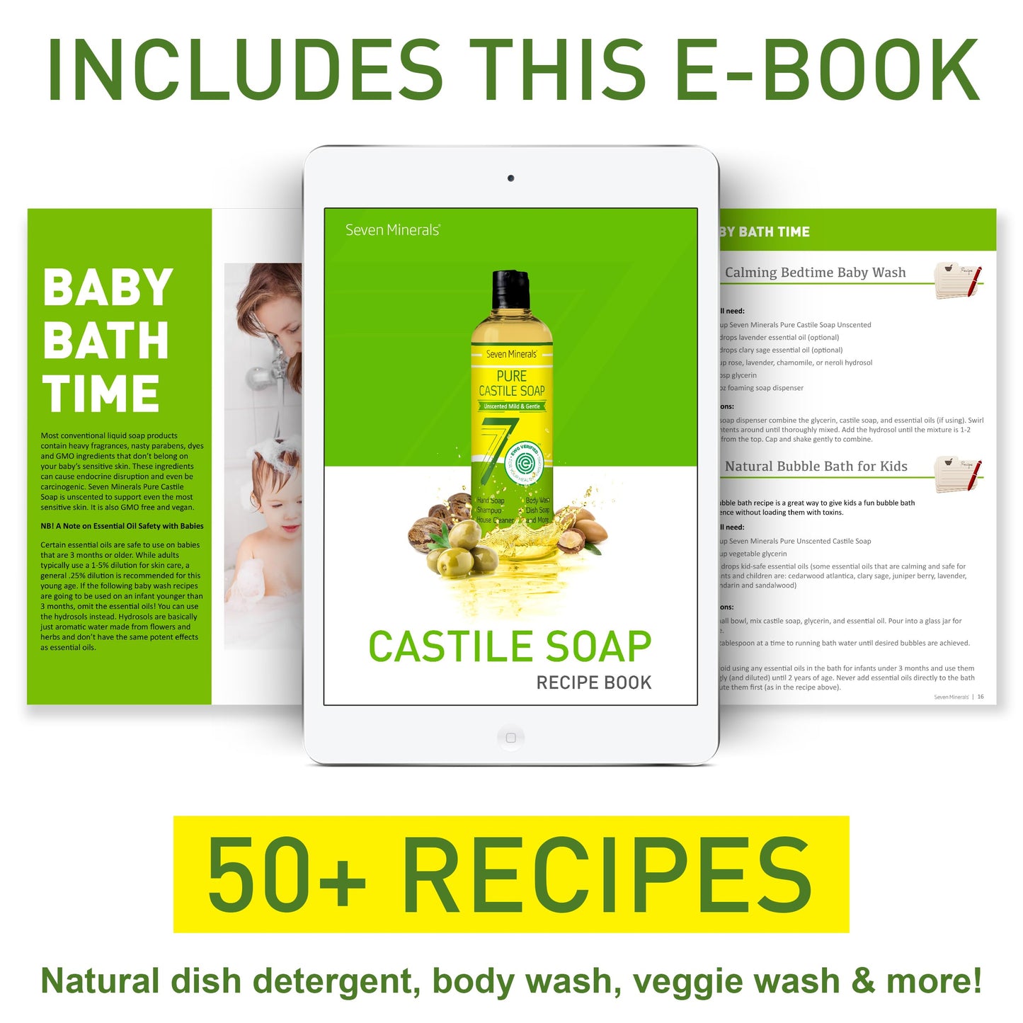 Seven Minerals Pure Castile Soap - No Palm Oil, GMO-Free - Gentle Liquid Soap For Sensitive Skin & Baby Wash - All Natural Vegan Formula with Organic Carrier Oils (8 Fl Oz, An Unscented)