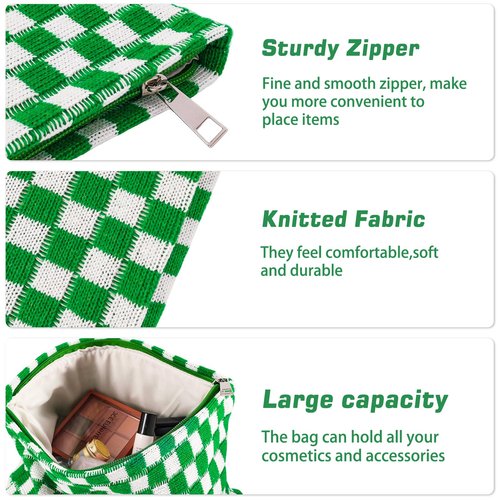 ZLFSRQ 3Pcs Checkered Makeup Bag for Women Large Cosmetic Bag Set Travel Toiletry Bag Makeup Pouch Bag for Purse Green Zipper Storage Bag Organizer Cute Small Aesthetic Girls Car Essentials Bag