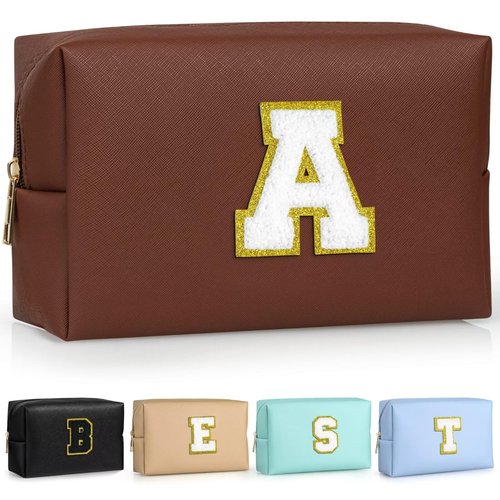 TOPEAST Preppy Makeup Bag, Personalized Initial Bags with Zipper, Cute Makeup Pouch, PU Leather Waterproof Cosmetic Bag, Birthday Gift For Daughter, Preppy Things For Girls (Brown A)