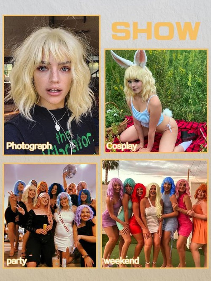 FREEMEIGE Short Bob Wigs with Bangs for Women Blonde Bob Wavy Wig Curly Wavy Shoulder Length Bob Wigs Synthetic Cosplay Wig for Girl Colorful Costume Wigs