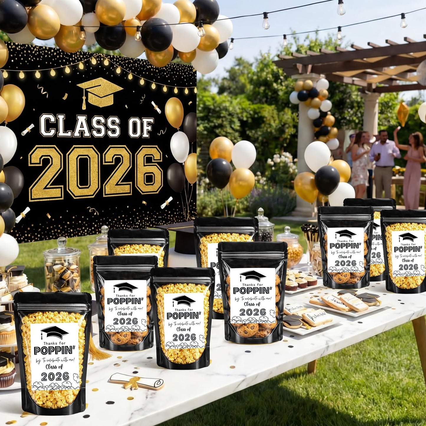 Zhehao 50 Pack Graduation Popcorn Treat Bags Class of 2026 Graduation Party Favors Candy Goodie Cookie Small Gift Bags Thanks for Popping by to Celebrate Resealable Zip Bag Individual Stickers(Black)