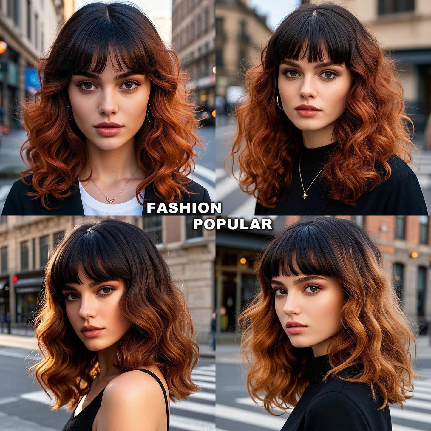 Amarlis Short Black to Brown Wigs for Women, 14 Inch Wavy Bob Wig with Bangs Natural Looking Soft Heat Resistant Synthetic Wig for Daily Party Use