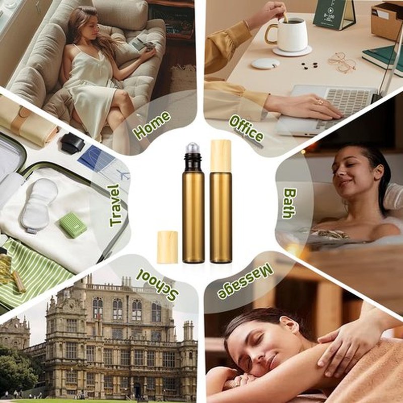 10ml Small Essential Oils Roller Bottles for Oils, 8-Pack 1/3 Oz Slim Amber Glass Roll-on Bottles for Essential Oils, Empty Eye Rollerball Bottle with Roller Ball for Perfumes, Lip Balms and Travel