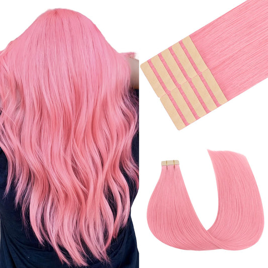 MAXITA Tape in Hair Extensions Human Hair Peach Pink Tape in Extensions 14 Inch 10pcs 25g Remy Invisible Silky Straight Colored Soft Real Human Hair Tape ins Natural Hair Extensions