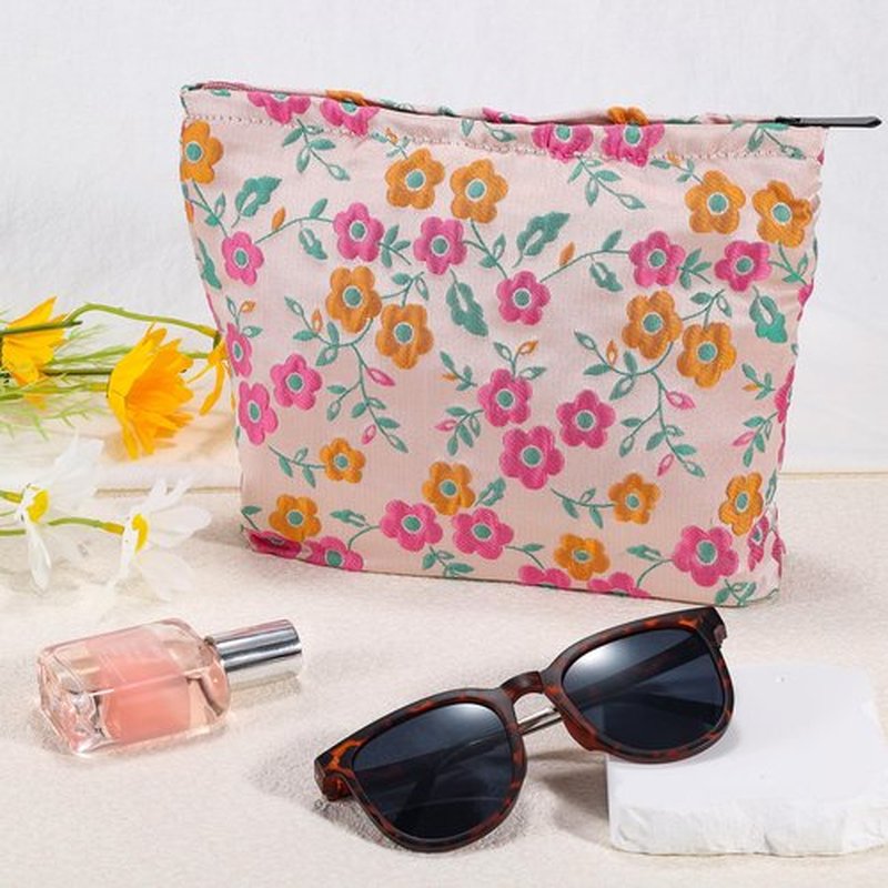 ZLFSRQ Daisy Flower Makeup Bag Travel Cute Floral Cosmetic Bags for Women Large Makeup Pouch Zipper Cosmetic Pouch for Purse Aesthetic Makeup Organizer Bag Portable Toiletry Bag (Orange and Pink)