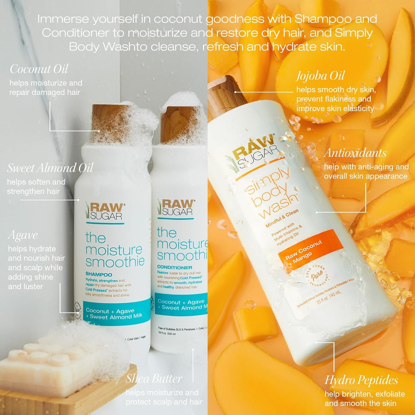 Raw Sugar Moisture Smoothie Shampoo and Conditioner Set, Moisturize & Nourish Dry Hair, Bulk Shampoo and Conditioner with Coconut Oil, Agave & Sweet Almond Oil, Formulated without Sulfates & Parabens