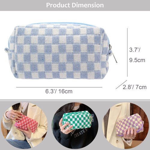 PAZIMIIK Checkered Makeup Bag for Purse Portable Zipper Make Up Pouch Small Cosmetic Case for Travel Accessories (2PCS Blue Light Green)