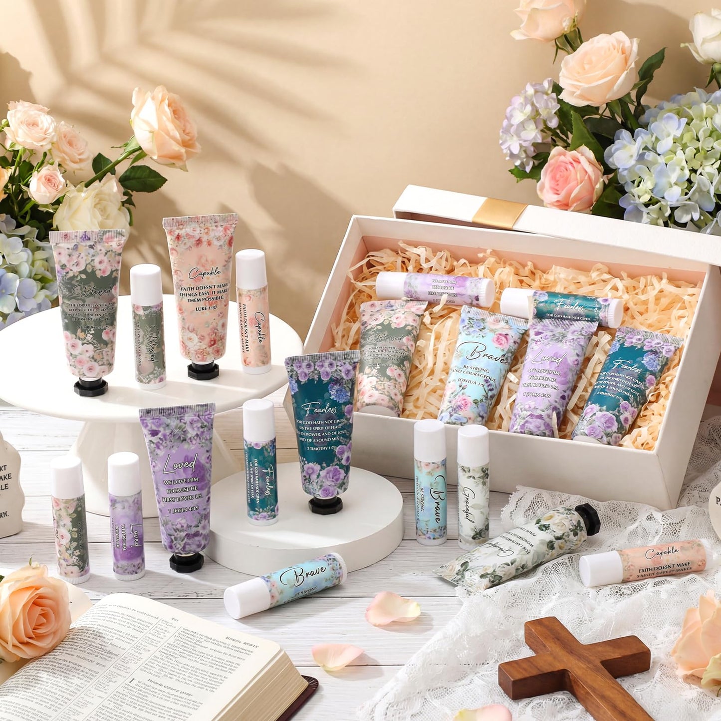 Loopeer 18 Sets Christian Hand Cream and Lip Balm Gift Set for Church Welcome Bag Stuffer Travel Size Moisturizing Lotion Package Mini Inspiriting Religious Gifts Bulk for Woman Mom Community