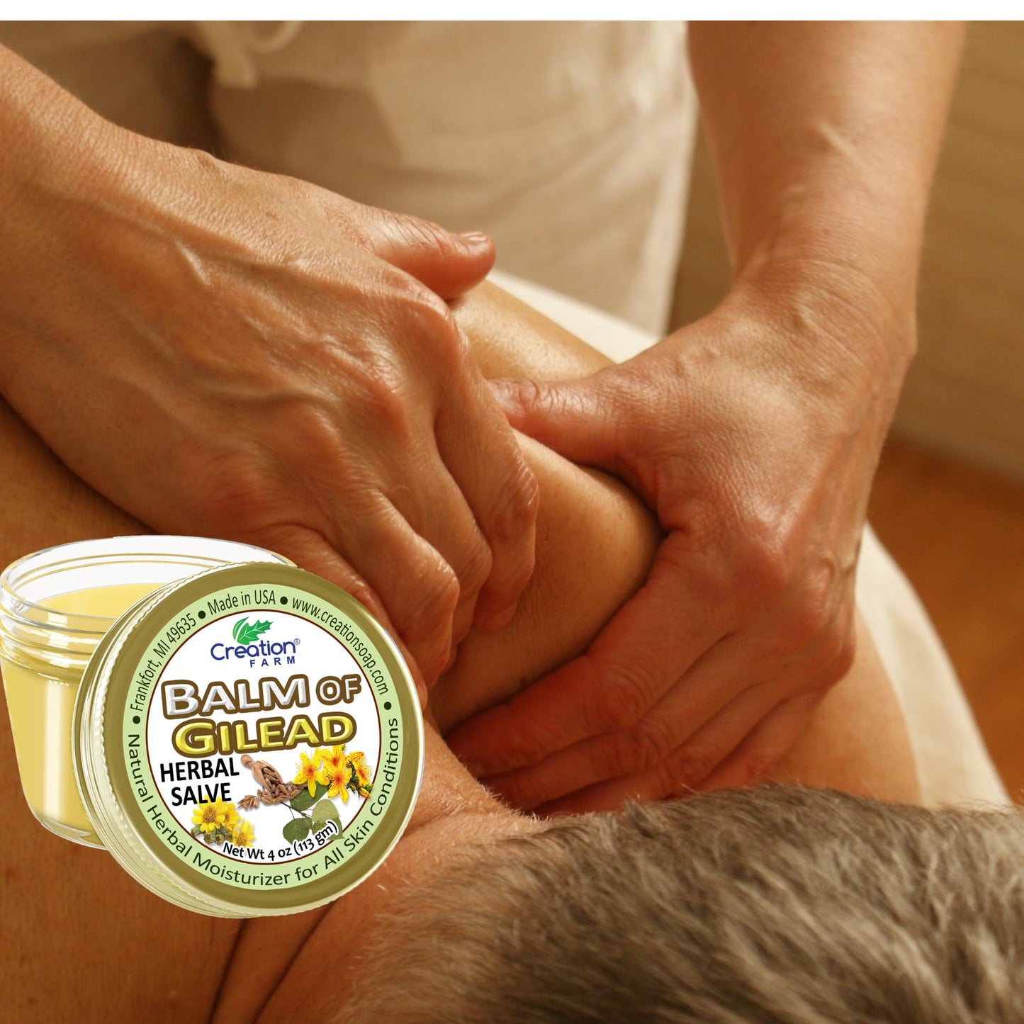 Creation Farm Balm of Gilead Salve - Soothing Sore Muscle Massage Rub Natural Herbal Plant Based Ointment, Pomada De Gilead Savilla - 4 oz Jar - Fast Acting