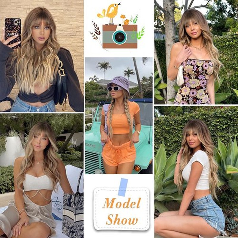 KOME Ombre Blonde Wigs with Bangs,Blonde Highlight Long Wavy Wig for Women,Long Curly Synthetic Hair Wig for Party Cosplay Daily Use 24IN