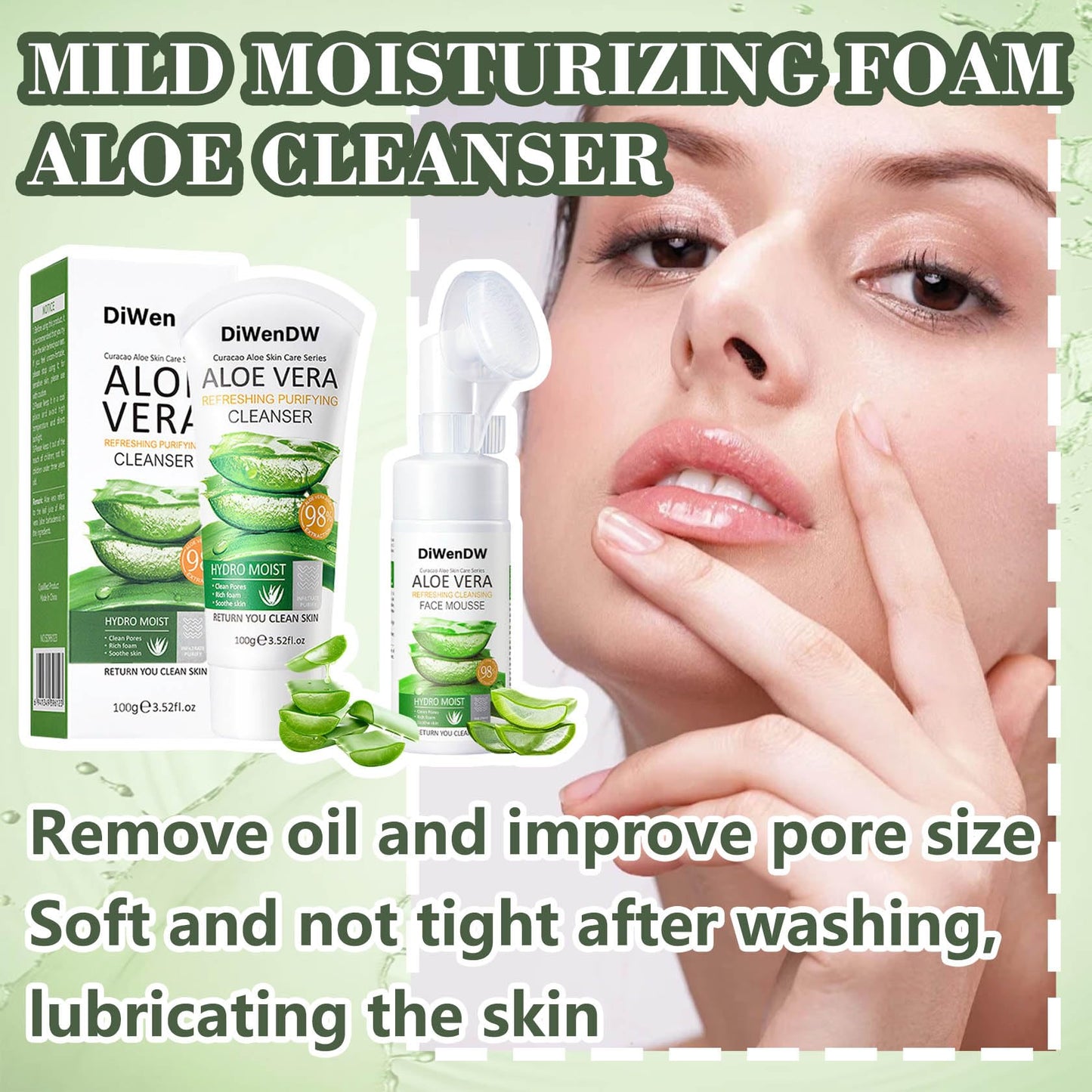 DWDiWen 2PCS Aloe Vera Face Wash for Women & Men,Gentle Hydrating Foaming Aloe Face Wash for All Skin Types,Oil-Free Facewash Daily Face Cleanser to Remove Dirt,Oil & Makeup