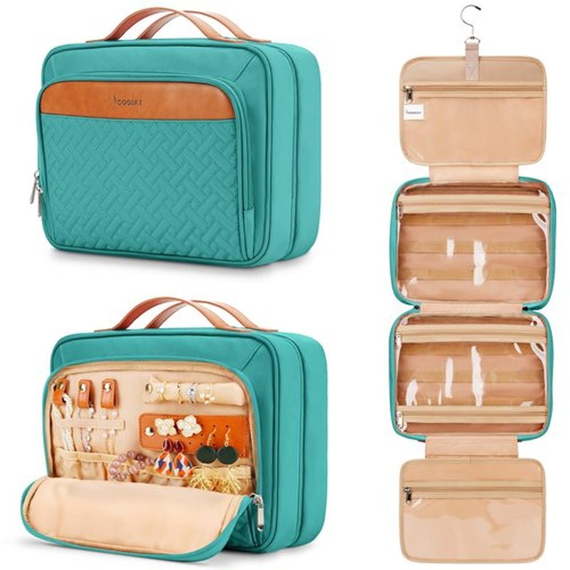 COOSKY Travel Hanging Toiletry Bag for Women, with Jewelry Organizer Compartment, Medium Waterproof Hanging Makeup Accessories, Cosmetic Essentials, Toiletries Dopp Kit Set with Trolley Belt, Blue