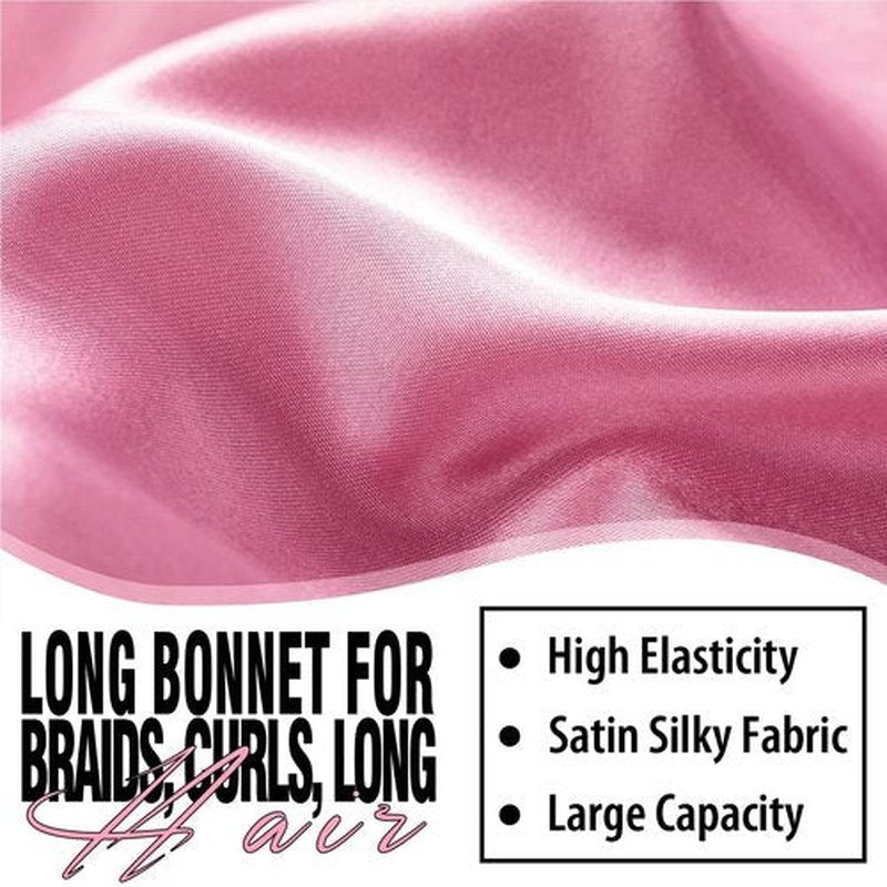 2Pcs Bonnets for Black Women Braid Bonnet, Large Long Satin Bonnet for Braids, Silk Bonnet with Stretchy Tie Band Sleep Cap Hair (2Pcs-Black&Rose Pink)