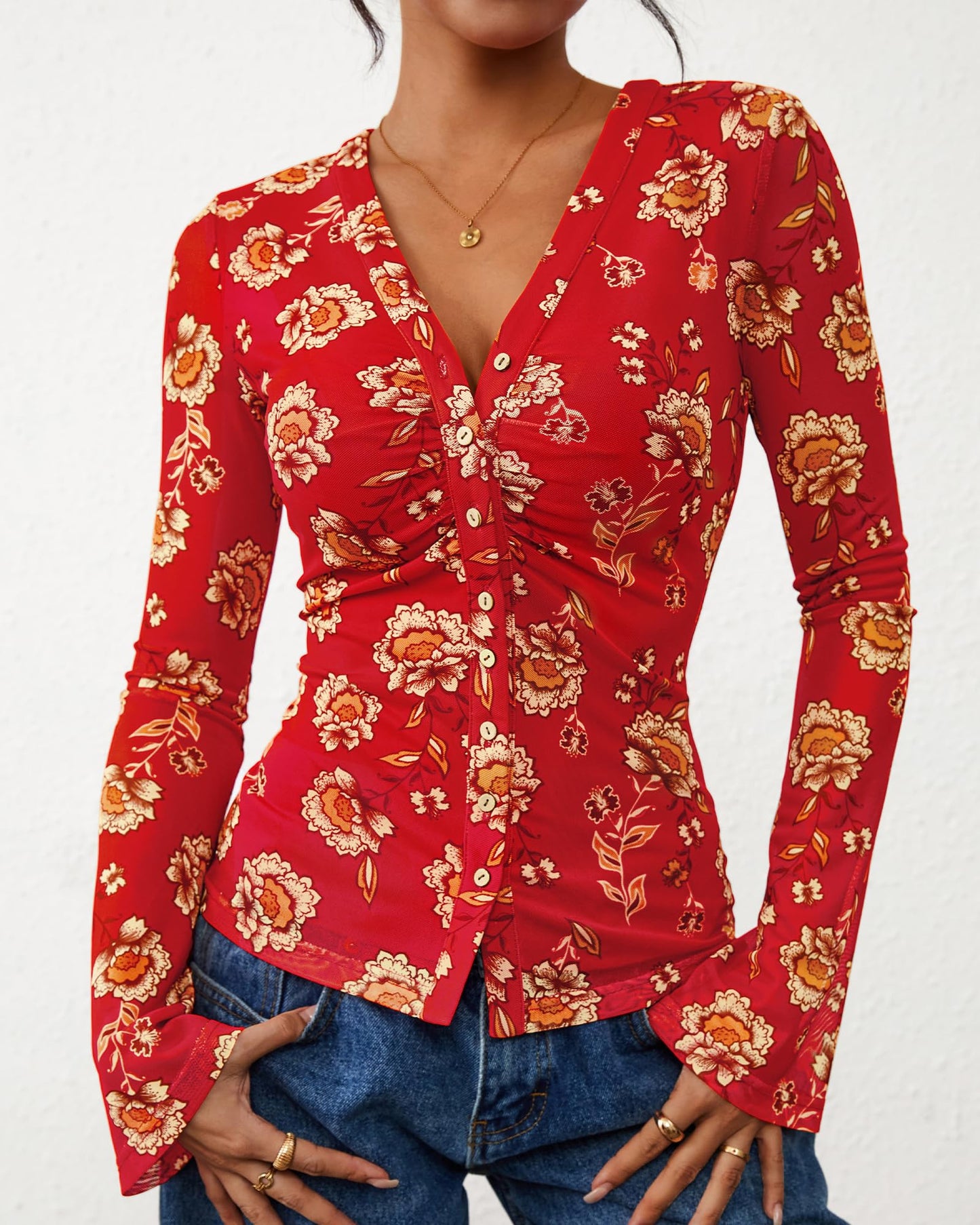 BTFBM Button Down Shirts for Women 2026 Fall Boho Tops V Neck Long Sleeve Blouses Ruched Mesh Fitted Fashion Clothing(Red, Medium)