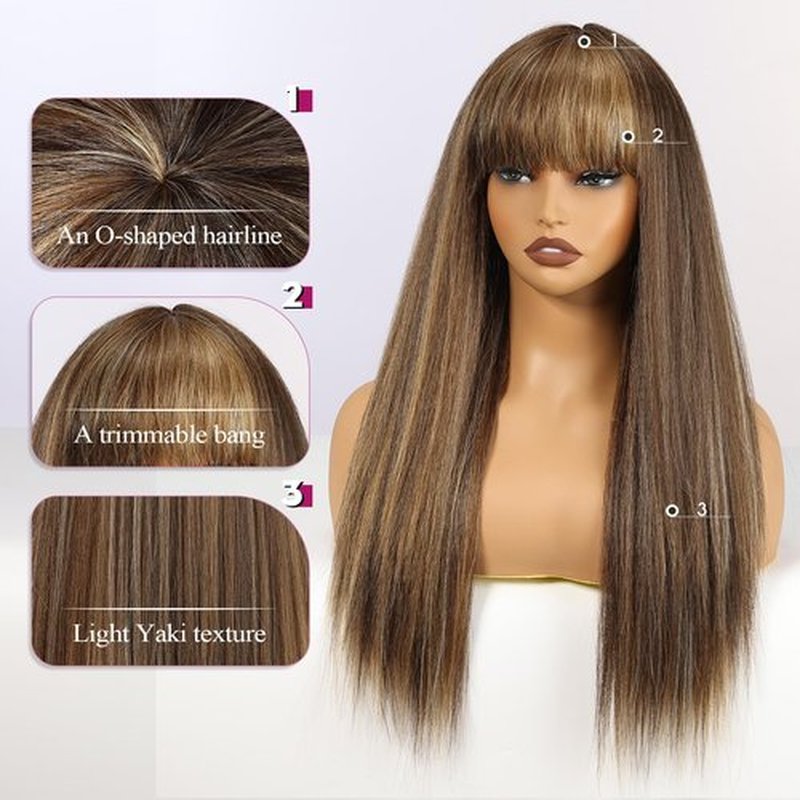 EMMOR Long Straight Yaki Wigs for Women with Bangs Comfortable Elastic Band 26 Inch Heat-resistant Synthetic Fibers(Mixed Brown)