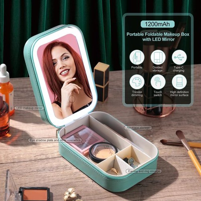 BS-MALL Travel Cosmetic Mirror Case LED Makeup Mirror Storage Case for Makeup Brushes Cosmetic Tools Pink On-the-go Makeup Needs (Green)…