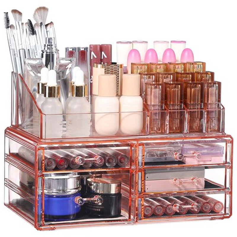 Cq acrylic Vanity Organizer and Storage,Stackable Make Up Organizers for Counter,Storage 5 Drawer With Brush Holder and Perfume Tray,Multi-function Acrylic Drawer for Vanity Bathroom Countertop,Pink
