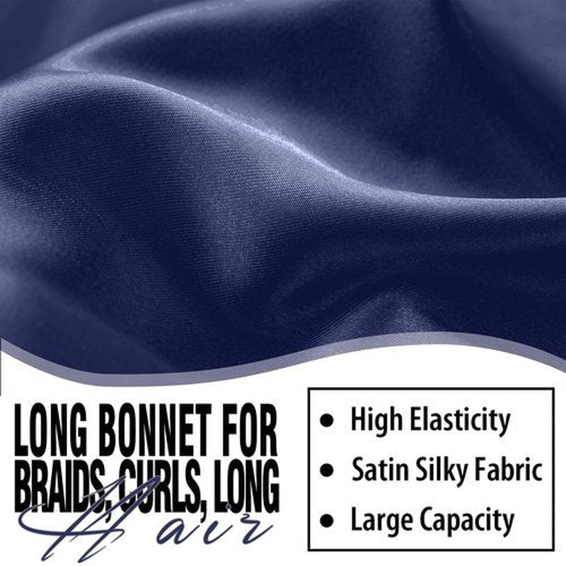 2Pcs Bonnets for Black Women Braid Bonnet, Large Long Satin Bonnet for Braids, Silk Bonnet with Stretchy Tie Band Sleep Cap Hair (2Pcs-Black&Dark Blue)
