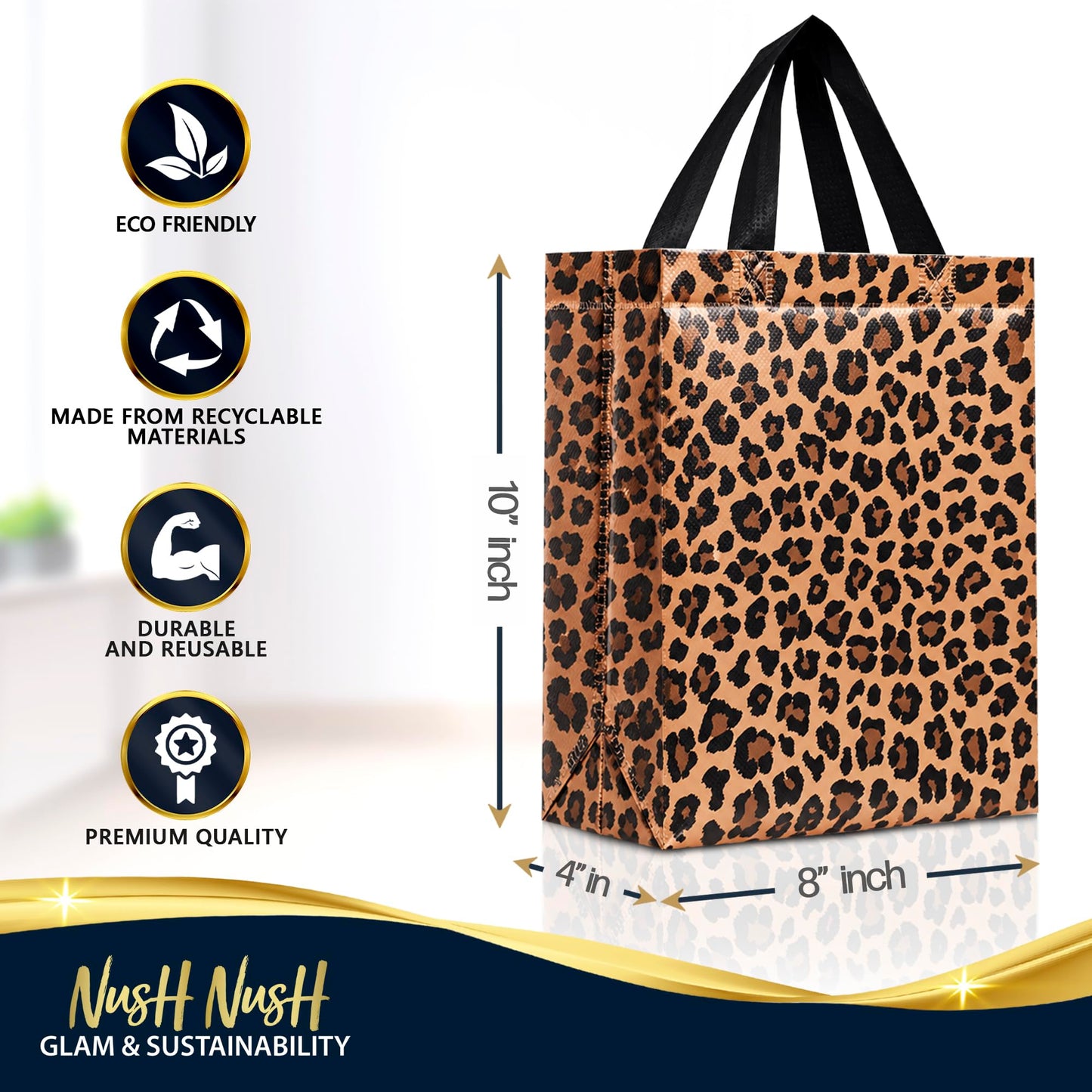 Nush Nush Leopard Gift Bags Medium Size– Set of 12 Cheetah Gift Bags With Handles - Reusable Goodie Bag for Animal Print Party, Safari Party Favors, Jungle Theme Birthday - 8x4x10 Size
