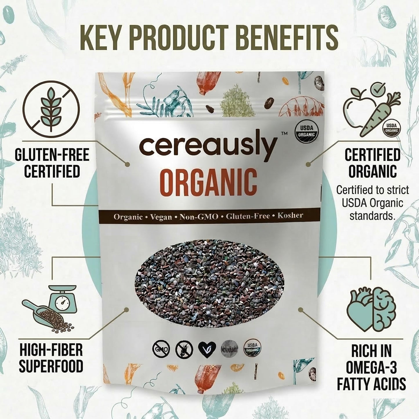 Organic Black Chia Seeds 25 lb Bulk – High Fiber Omega-3 Superfood, Non-GMO, Gluten Free, Vegan, Kosher, Whole Chia Seeds for Smoothies, Chia Pudding & Baking – Cereausly