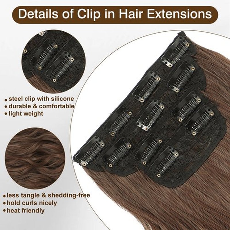 Clip In Hair Extensions for Women 4PCS Chestnut Brown Hair Extensions Clip Ins Smooth & Lightweight Synthetic Hair Extensions Hairpieces for Daily Wear