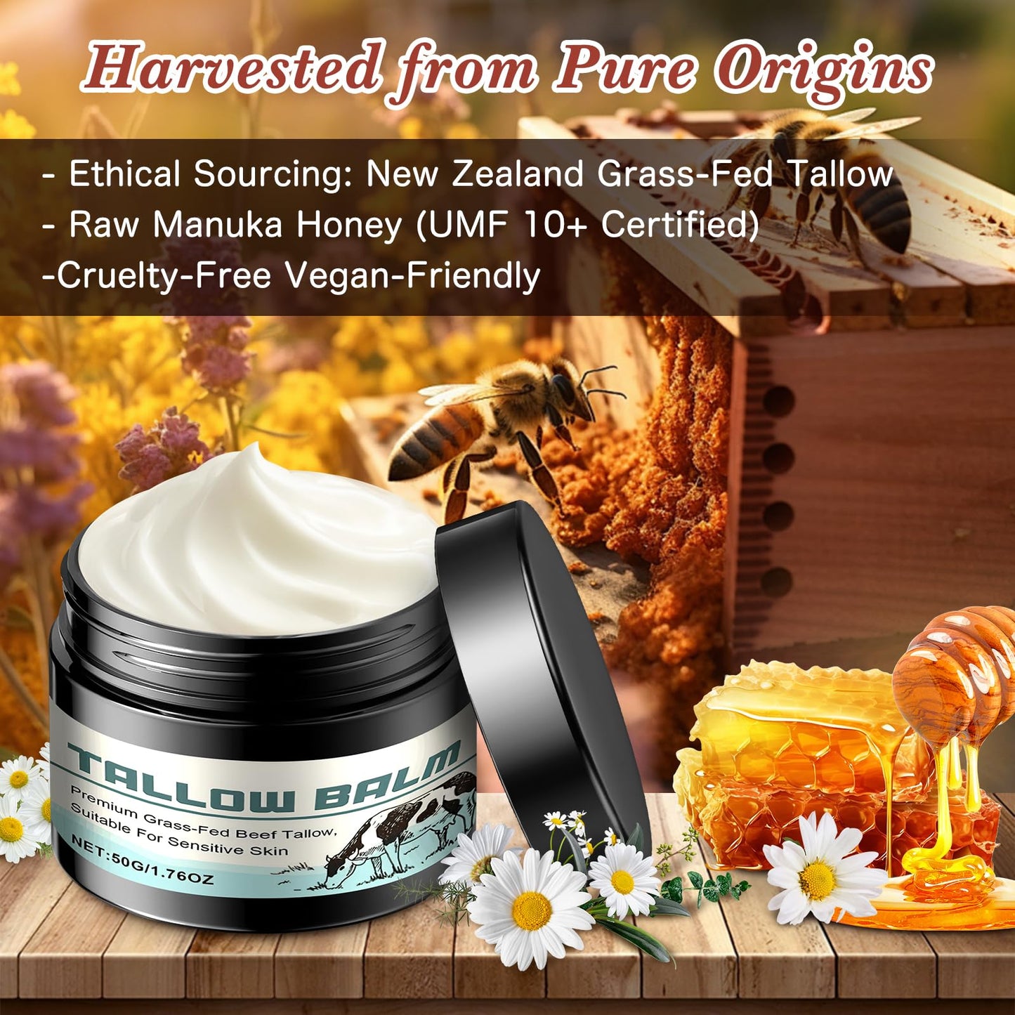 GDBadais Beef Tallow for Skin Grass Fed Tallow and Honey Balm Honey Balm Grass Fed Tallow Face Moisturizer for Sensitive Skin Anti-Aging & Dry Skin - Ancestral Skincare (50g)