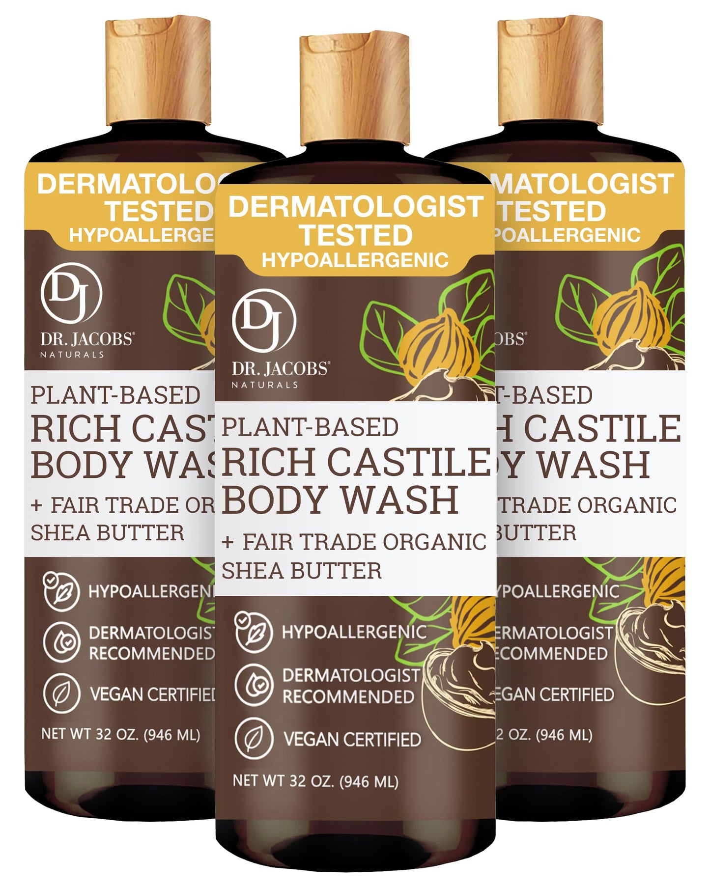 Dr. Jacobs Naturals Pure Castile Soap Liquid Body Wash, Shea Butter - Plant Based Soap Infused with Vitamin E and Aloe Vera to Moisturize Dry and Sensitive Skin - Made in The USA - 32 oz, Pack of 3