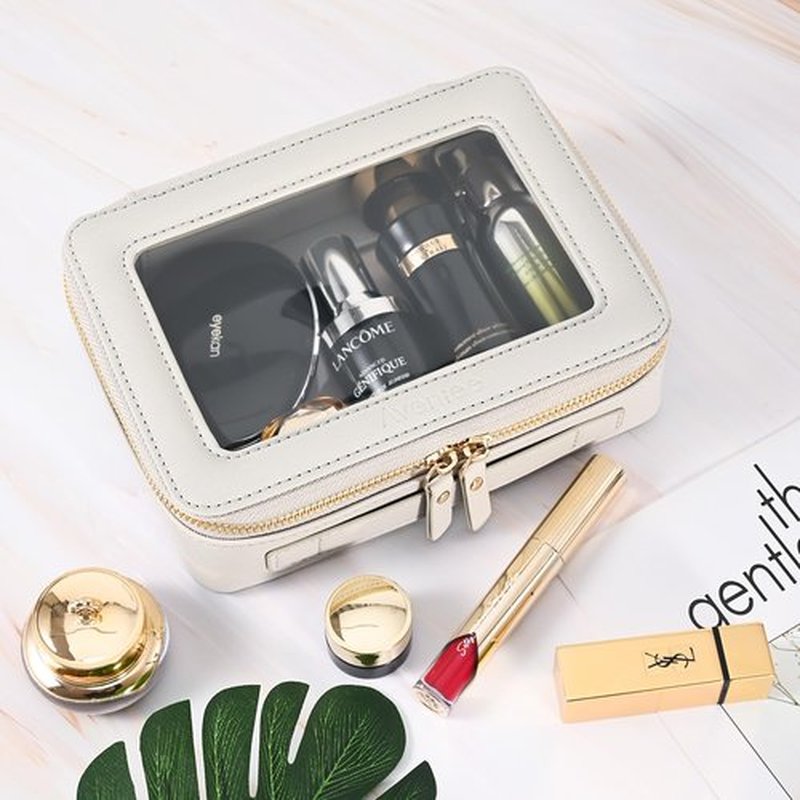 Aveniee Clear Makeup Bag for Women, Clear Cosmetic Case Travel Toiletry Bag, Heavy Duty Makeup Organizer Car Bag for Accessories with Clear Windows & Gold Zippers(Grey,Middle)