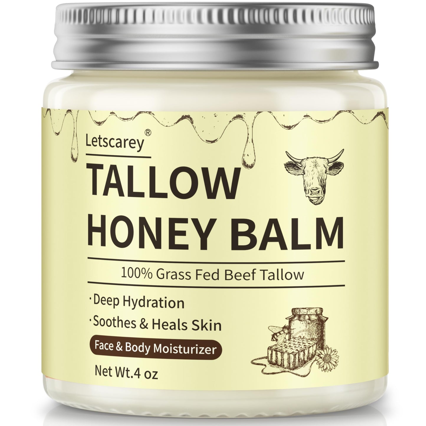 Letscarey Beef Tallow for Skin, Whipped Tallow and Honey Balm For Face, Grass Fed Beef Tallow Moisturizer Cream Deeply Nourishment for Dry skin, Natural Unscented Tallow Face Moisturizer